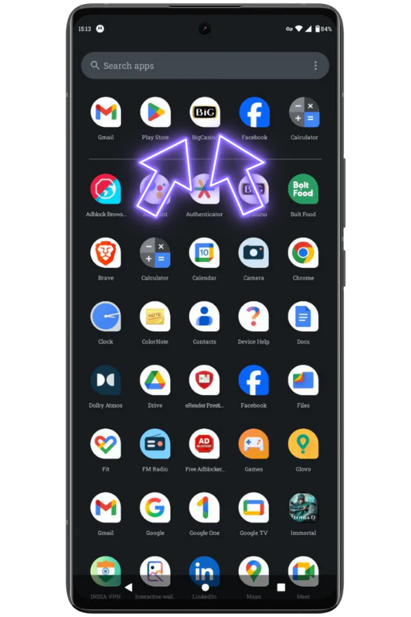 Collegamento dell'applicazione. Bigcasino app android