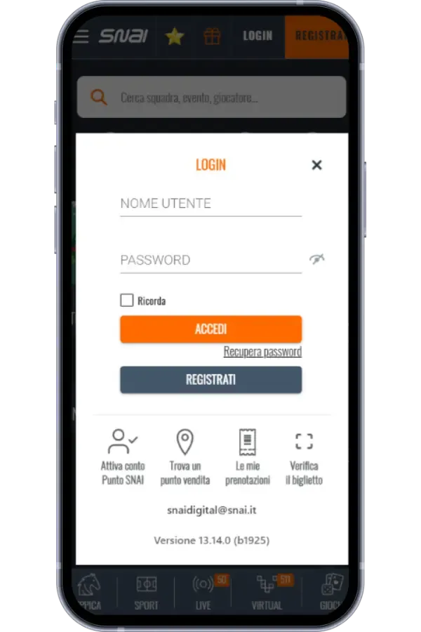 Schermata BigCasino login con campi utente e password